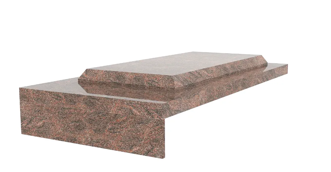 Pierre tombale moderne en granite rose et brun sans stèle sur fond blanc.