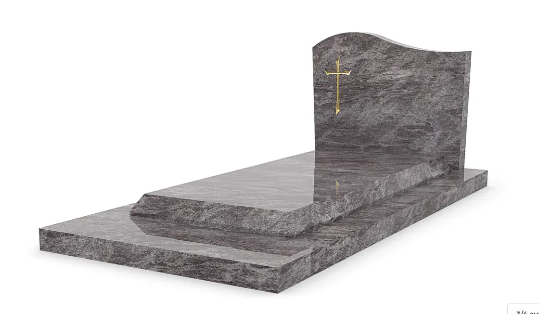 Monument funéraire en granite gris foncé avec stèle gravée d'une croix dorée.