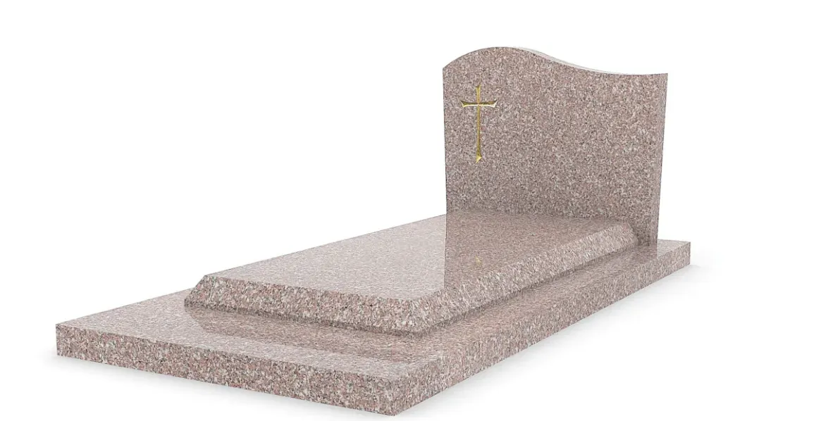Pierre tombale en granite rose clair avec stèle profilée et croix dorée.