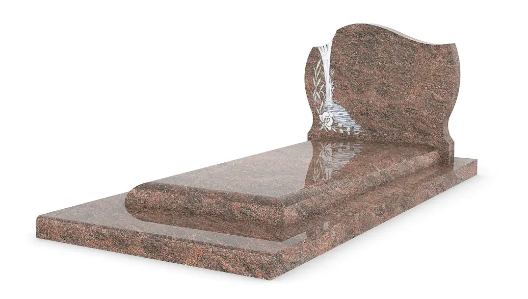 Monument funéraire en granite rose avec stèle sculptée d'un motif de cascade.