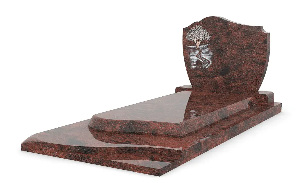 Pierre tombale en granite rouge et noir avec une stèle ornée d'un arbre de vie.