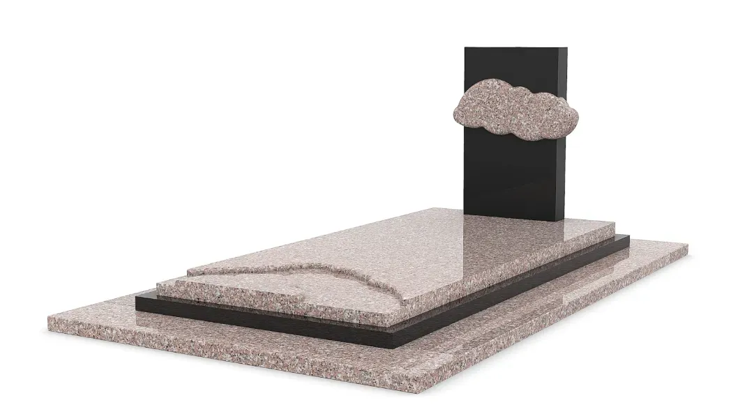 Monument funéraire en granite rose et noir avec une stèle ornée d'un nuage.
