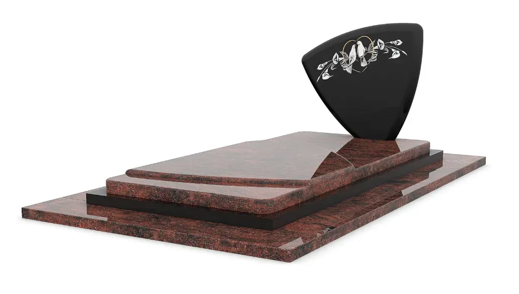 Pierre tombale en granite rouge avec stèle noire gravée d'un motif d'oiseaux.