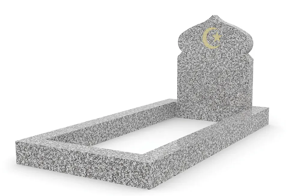 Monument funéraire musulman en granite gris avec stèle en dôme et croissant doré.