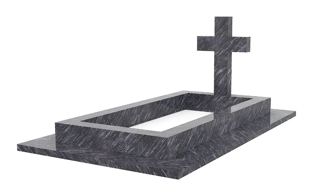 Monument funéraire en granite gris veiné avec une grande croix chrétienne sur fond blanc.