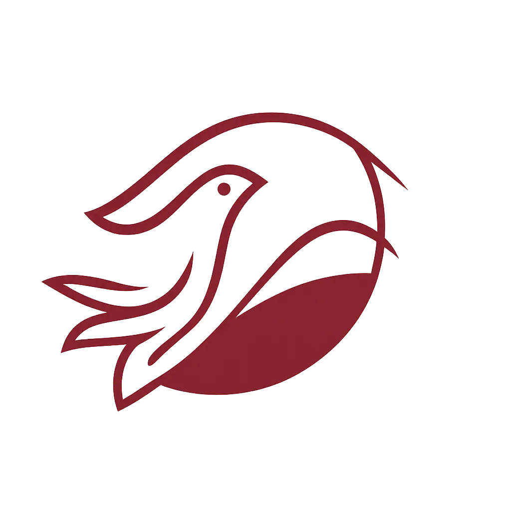 Logo bordeaux stylisé représentant une colombe en vol dans un cercle.
