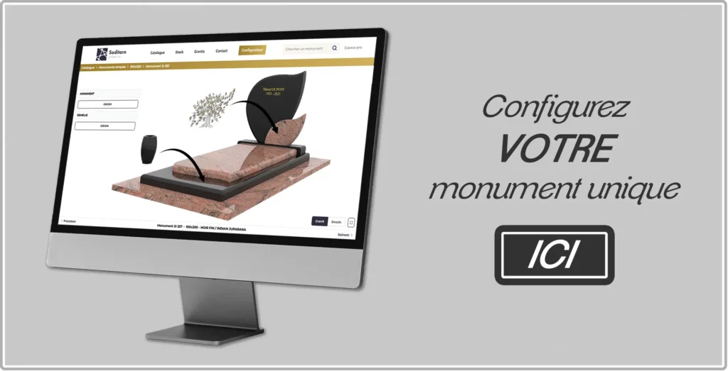 Écran d'ordinateur affichant un configurateur 3D en ligne pour personnaliser un monument funéraire en granite.